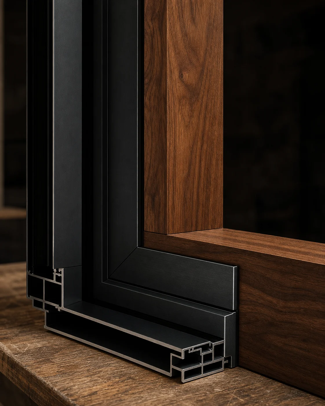 Detalle de perfilería de aluminio negro combinada con madera natural